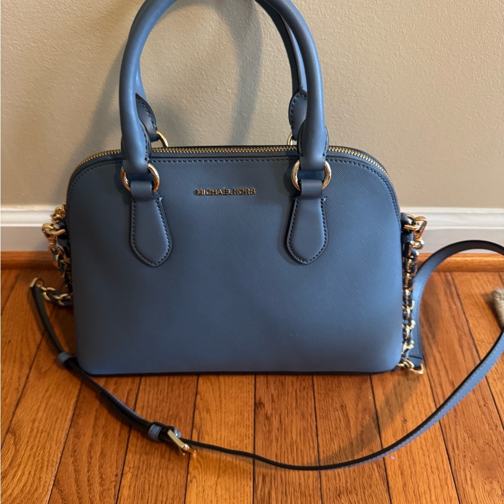 Michael Kors Dusty Blue Saffiano Satchel with Chain-Trim Strap